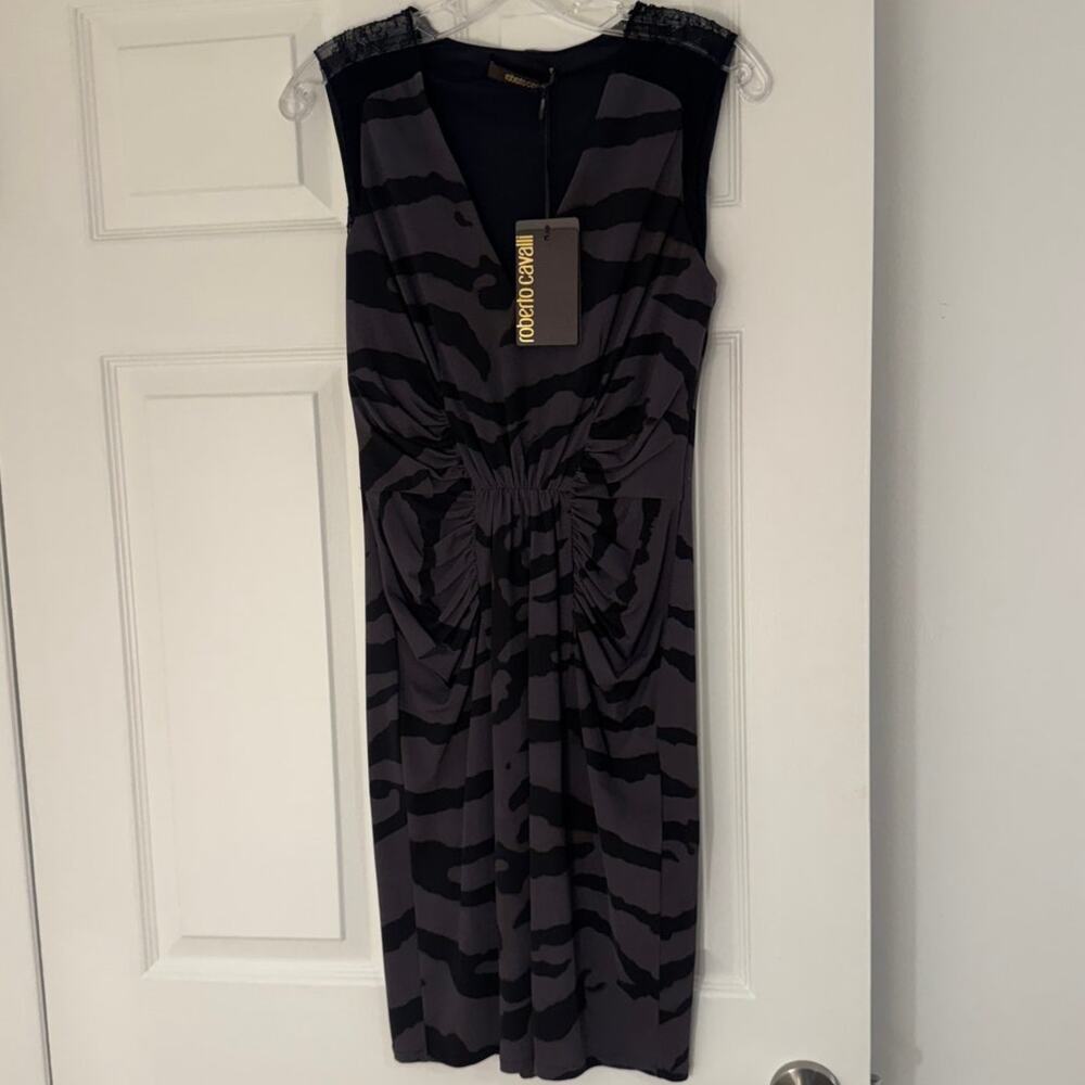 NWT Roberto Cavalli Zebra Print Ruched Dress Lace Shoulder Bodycon  IT 42 US 6